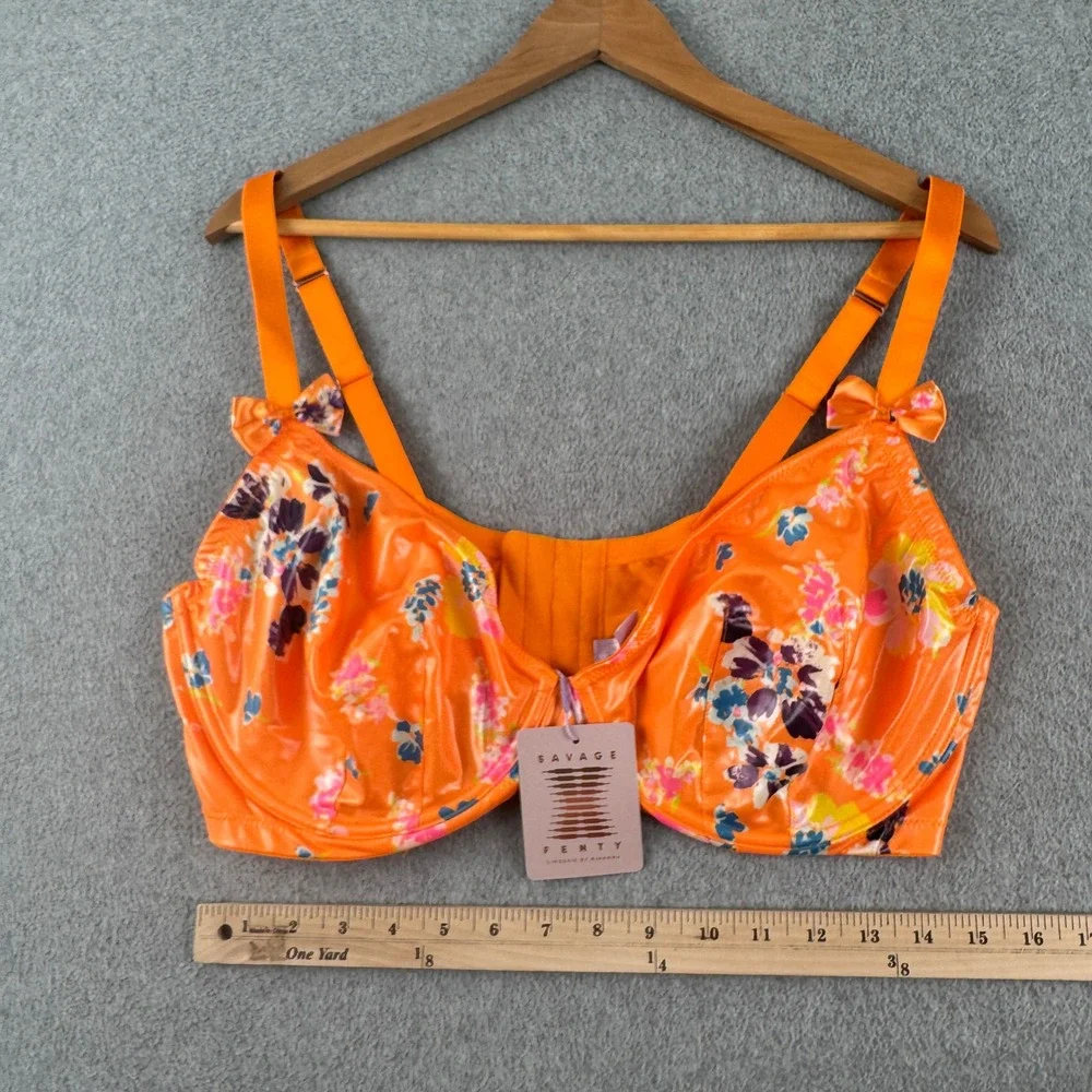 Savage X Fenty Bra Womens 38H Orange Floral Unlined Underwire Bows Lingerie